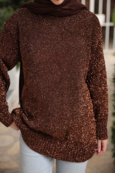 İmajButik Brown Crew Neck Glitter Knit Sweater