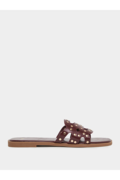 Styli Burgundy Studded Flat Sandals