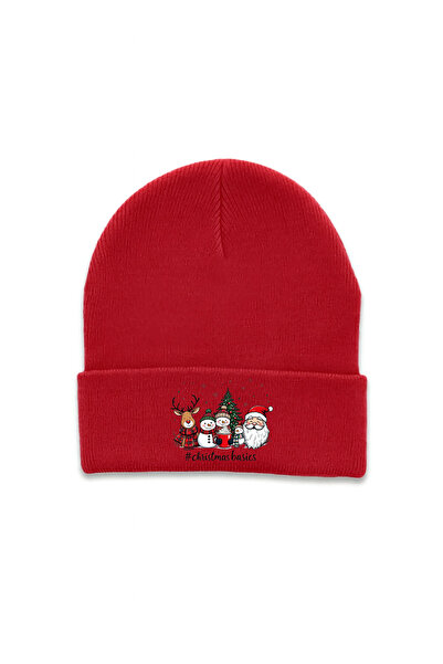 MODA 2026 Christmas New Year Printed Red Folded Winter Hat Beanie