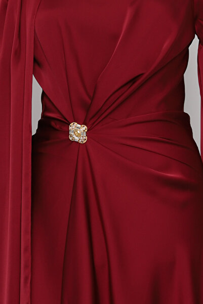 İmajButik Burgundy Cape Front Draped Satin Evening Dress