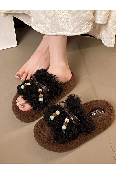 Take Two By Styli Plush Slides with Beaded Bow