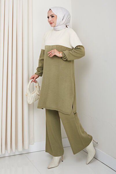 MODAQU Su Yolu Glitter Knitwear Tunic Trousers Set - Khaki