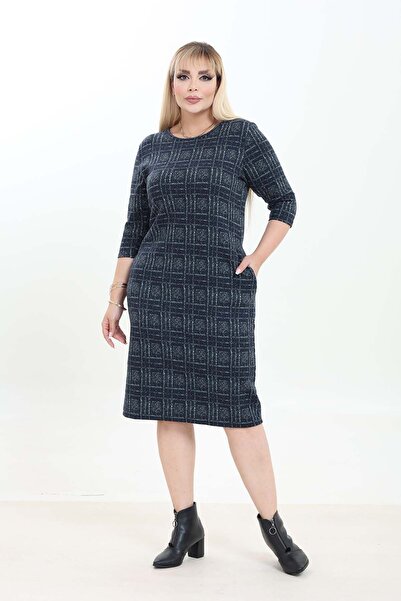 modayız Double Pocket Patterned Stretchy Winter Plus Size Midi Dress 21A-2760