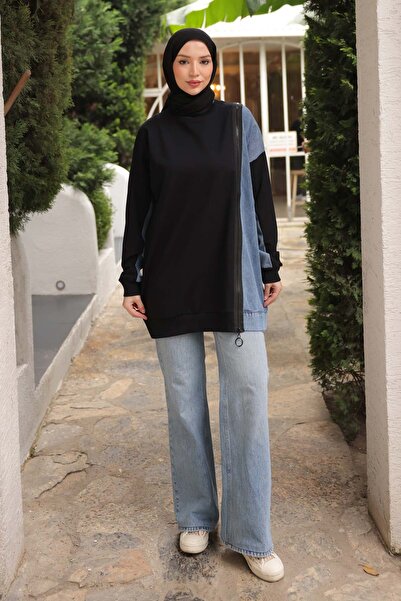 İmajButik Black Denim Paneled Modal Tunic