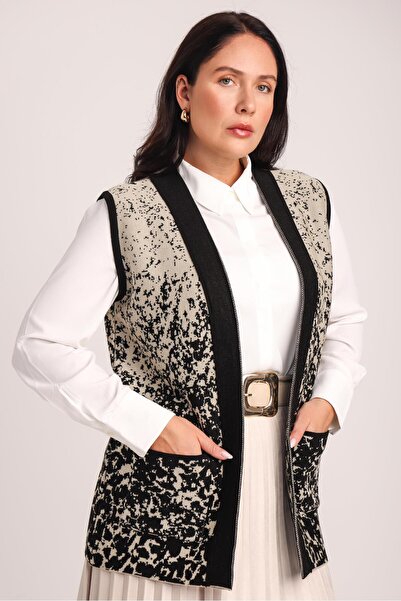 Uludağ Triko Women's Black Stone Patterned Pocketed Knitwear Knitted Mother Vest