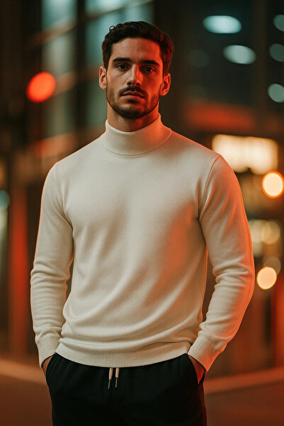 COMBİNE MİCHAİL Ανδρικό πλεκτό πουλόβερ με μισό ζιβάγκο κρεμ