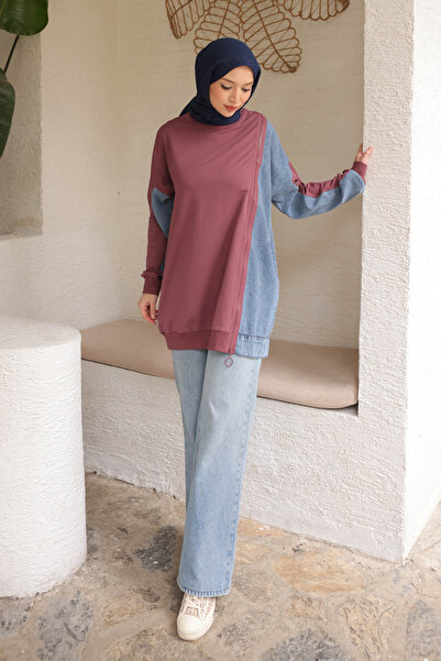 İmajButik Dusty Rose Denim Paneled Modal Tunic