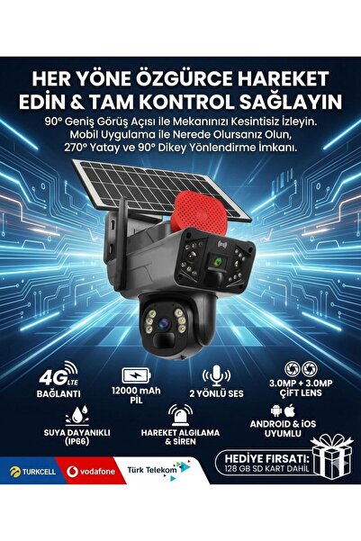 Güneş Enerjili Kamera, Solar Panelli Kamera, Sim Kart Destekli Kamera , 128GB SD Kart Hediye