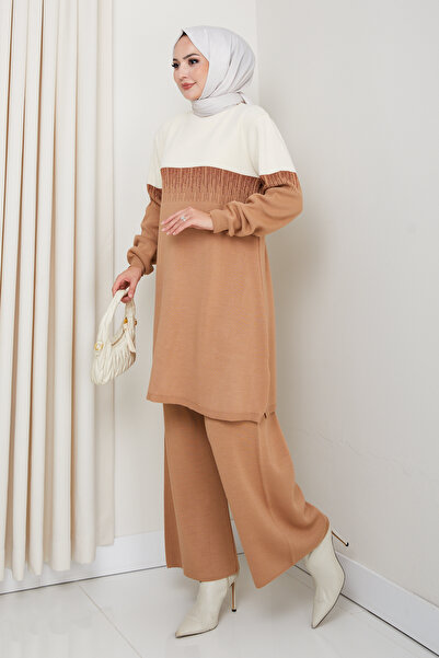 MODAQU Su Yolu Glitter Knitwear Tunic Trousers Set - Camel