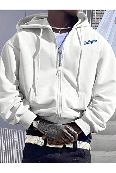 PENTLITH White Blue Handwritten Los Angeles Printed Hooded Zip-Up Oversize Sw...