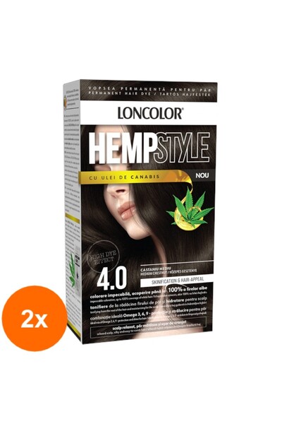 Loncolor Set 2 x Vopsea de Par Permanenta Hempstyle cu Ulei de Canabis, 4.0 C...