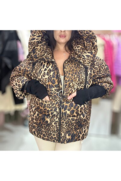 Brielle Women's Quilted Puffer Jacket with Knitted Sleeves Animal Print-Leopard