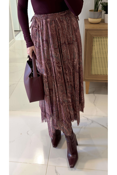 My Blog Burgundy Ethnic Patterned Lined Chiffon Skirt - 251102