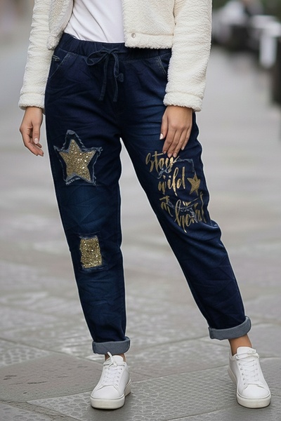 Chiccy Italian Jean Blue Pocketed Varak B Printed Elasticated and Tied Waist Lycra Denim Trousers 100 55