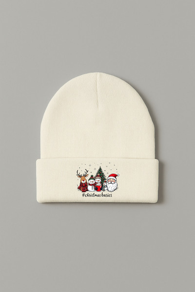 MODA 2026 Christmas New Year Printed Ecru Folded Winter Hat Beanie