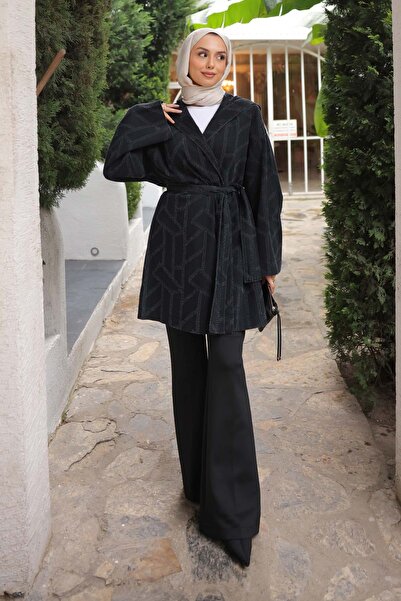 İmajButik Black Hooded Laser Cut Denim Jacket