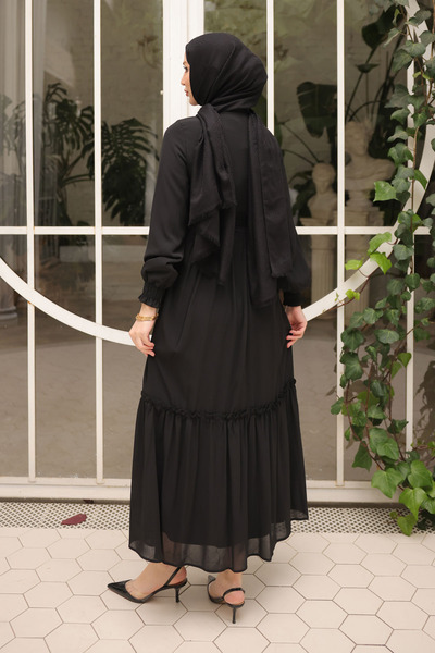 İmajButik Black Skirt Layered Belted Chiffon Dress