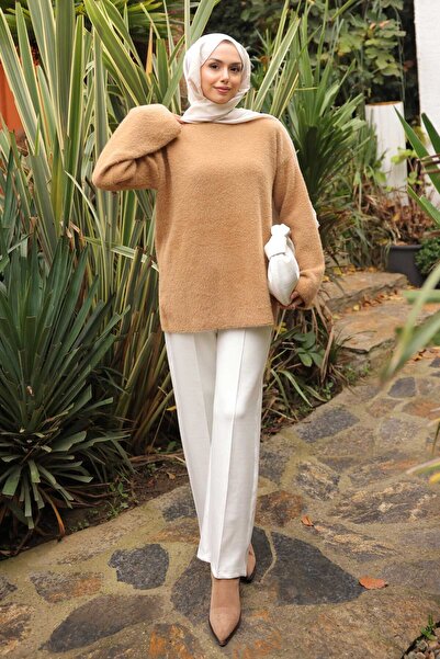 İmajButik Biscuit Mock Neck Angora Soft Knitwear Sweater