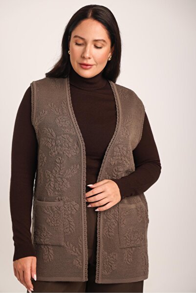 Uludağ Triko Women's Brown Embossed Floral Pattern Pocketed Knitwear Knitted Mother Vest