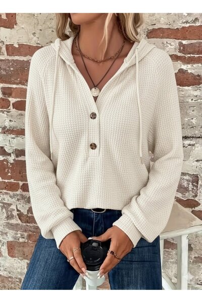 Kokosh moda Women's Long Sleeve Hooded Front Buttoned and Lace-Up Waffle Blouse