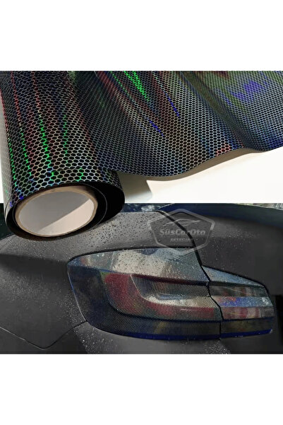 ŞüsCarOto Aksesuar Koyu Siyah Hologram Petek Desen Far Stop Filmi Far Folyosu...
