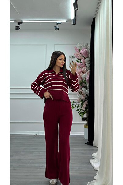 Daves Striped 2-Piece Knitwear Set-Burgundy