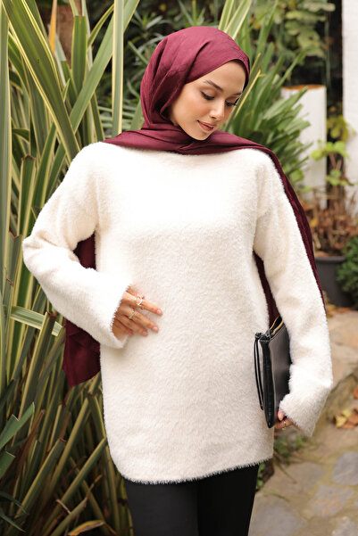 İmajButik Πουλόβερ πλεκτό κρεμ ψηλός λαιμός Angora Yumoş