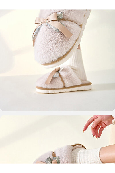 Take Two By Styli Grey Furry Bedroom Slippers with Bow