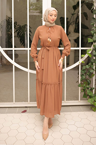 İmajButik Camel Skirt Layered Belted Chiffon Dress