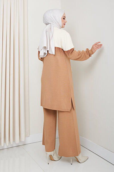 MODAQU Su Yolu Glitter Knitwear Tunic Trousers Set - Camel