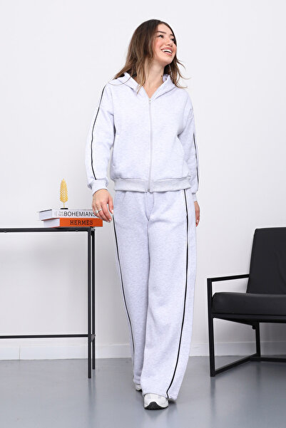 İmajButik Gray Hooded Three Thread Sweat Cardigan Trouser Set