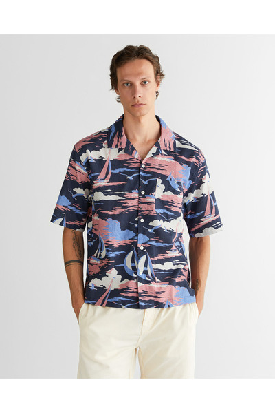 Gant Erkek Lacivert Relaxed Fit Klasik Yaka Desenli Gömlek