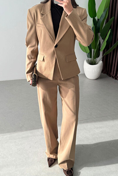 My Blog Camel Single Button Pencil Jacket Pants Set - 9480