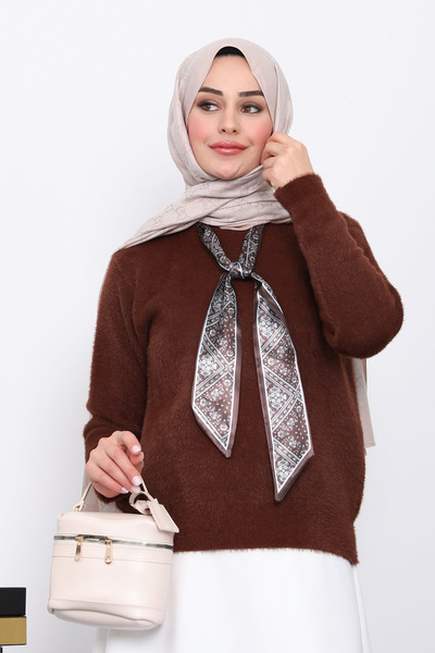 İmajButik Angora Soft Sweater with Brown Scarf Detail