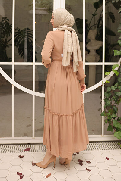İmajButik Biscuit Skirt Layered Belted Chiffon Dress
