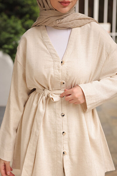 İmajButik Stone Waist Belted Linen Tunic Trouser Set
