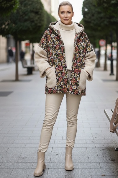 Chiccy Ιταλικό μπεζ μακρυμάνικο μπουφάν με τσέπες K με κουκούλα Casual Buklet O oversized Woven Jacket 78 70