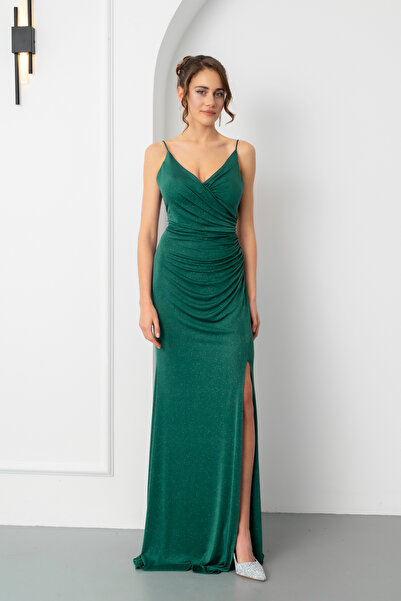 Lafaba Kadın Zümrüt Yeşili Sırt Dekolteli Simli Uzun Abiye Elbise