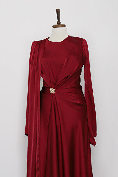 İmajButik Burgundy Cape Front Draped Satin Evening Dress