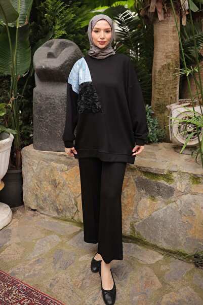 İmajButik Black Denim Paneled Modal Tunic Trouser Suit