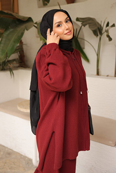 İmajButik Burgundy Angora Soft Cardigan Trouser Set