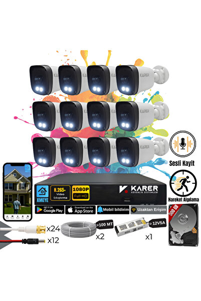 KARER Exitcam-12'li AHD Güvenlik Kamera Seti-Gece Renkli- Su Geçirmez-2 MP-Se...