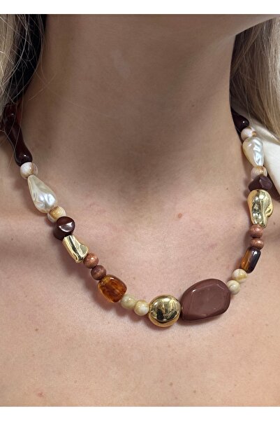 KİLİGİSTANBUL Brown Mixed Bead Necklace 40 cm