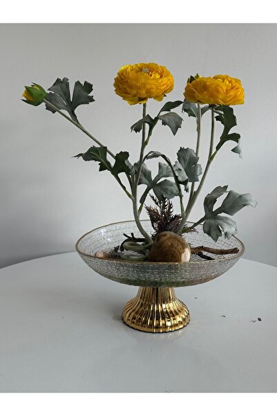 Flower Altın Detaylı Cam Kasede Premium Yapay Sarı Çiçek Tasarımı