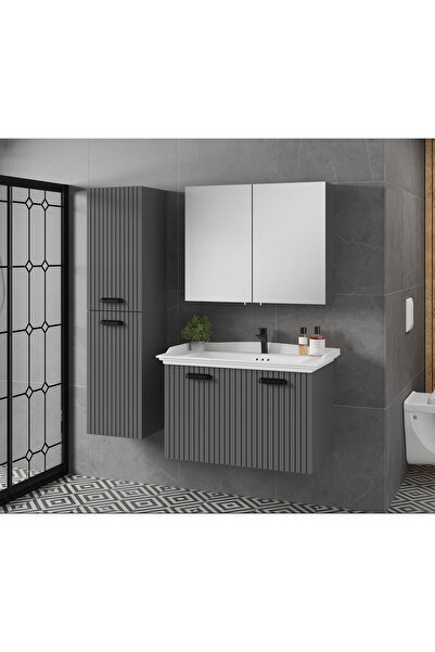 ROSEART BANYO ROSEBELOVED 80CM ANTRASİT BANYO DOLABI SETİ ÜST MODÜL + LAVABO + ALT MODÜL + BOY DOLAP