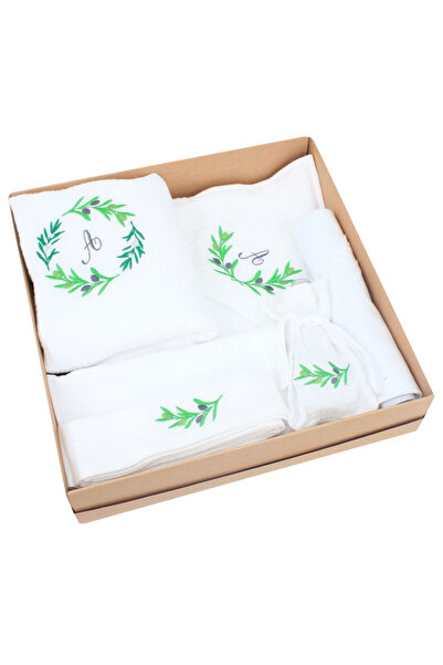 PRICHINDEL Set botez muselină, 7 piese, model frunze de măslin cu monograma A...