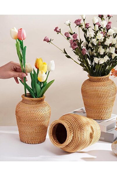 KASTWAVE Rattan Hand-Woven Boho Wicker Vase for Pampas Grass & Flower Arrangements (8 in, Brown)
