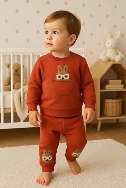 dinamik çocuk Girl baby cute rabbit embroidered long sleeve 2-piece bottom top baby set with glasses %100 cotton 6-9-12-18 months