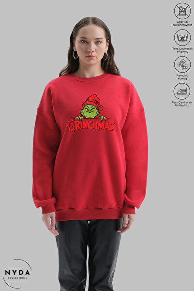 Nyda Collections Unisex Long Sleeve Grinchmas Printed Crew Neck Hoodless Fleece-Lined Oversized Sweatshirt