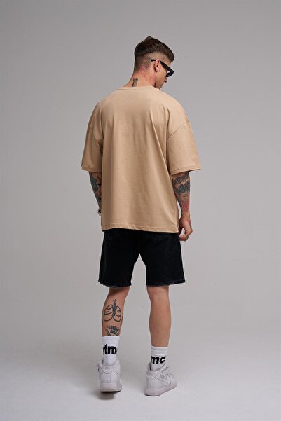 Machinist Unisex Oversized Stay Focused Printed Cotton T-Shirt Beige